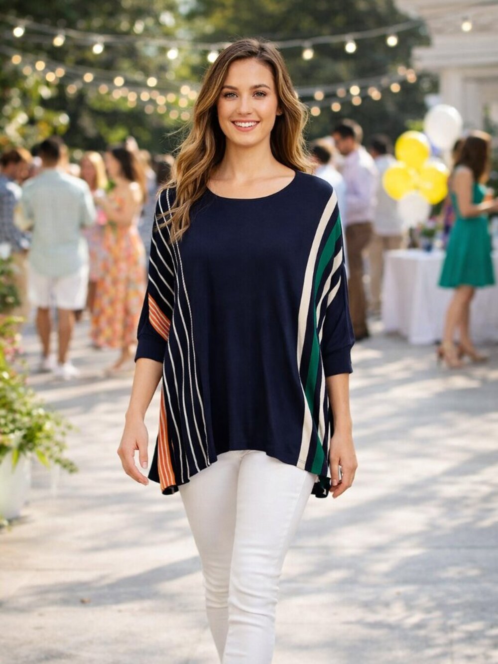 NY Collection Open Sleeve Multicolor Striped Lagun Poncho Nautical Top‎ Women L